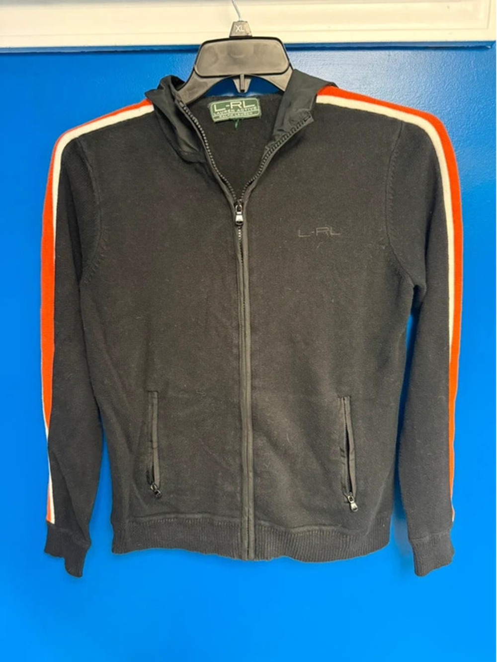 L-RL Active Ralph Lauren Black Orange Striped Full Zip Knit Hoodie Sweater